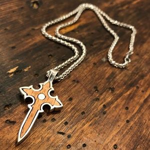 Rosewood Cross Pendant with Silver Rope Necklace